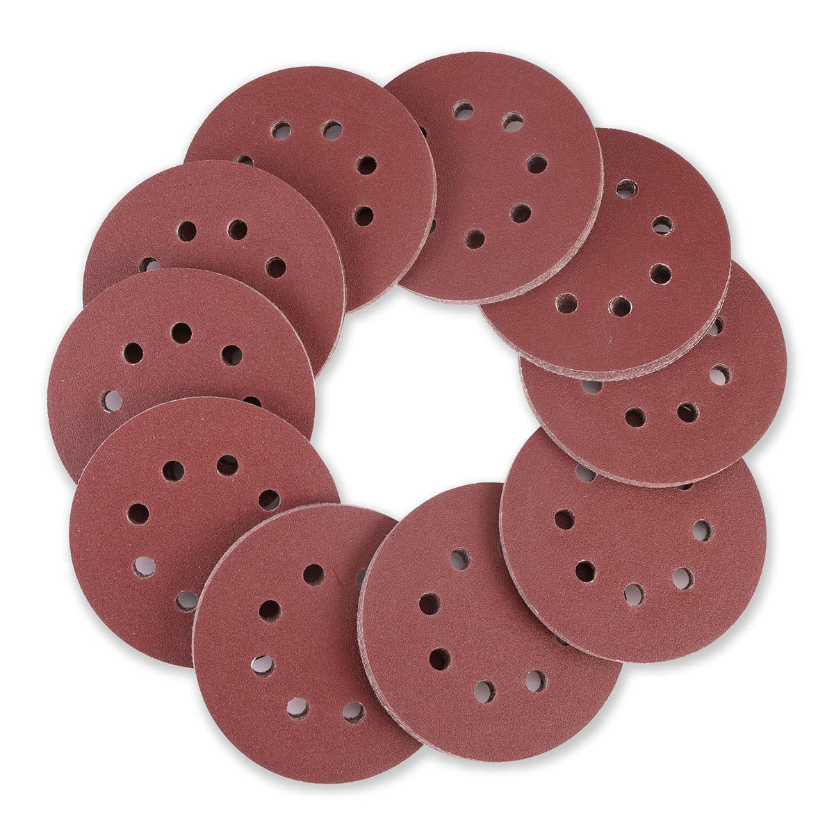 Stack of burgundy 5-inch hook-and-loop sanding discs with 8 holes per disc