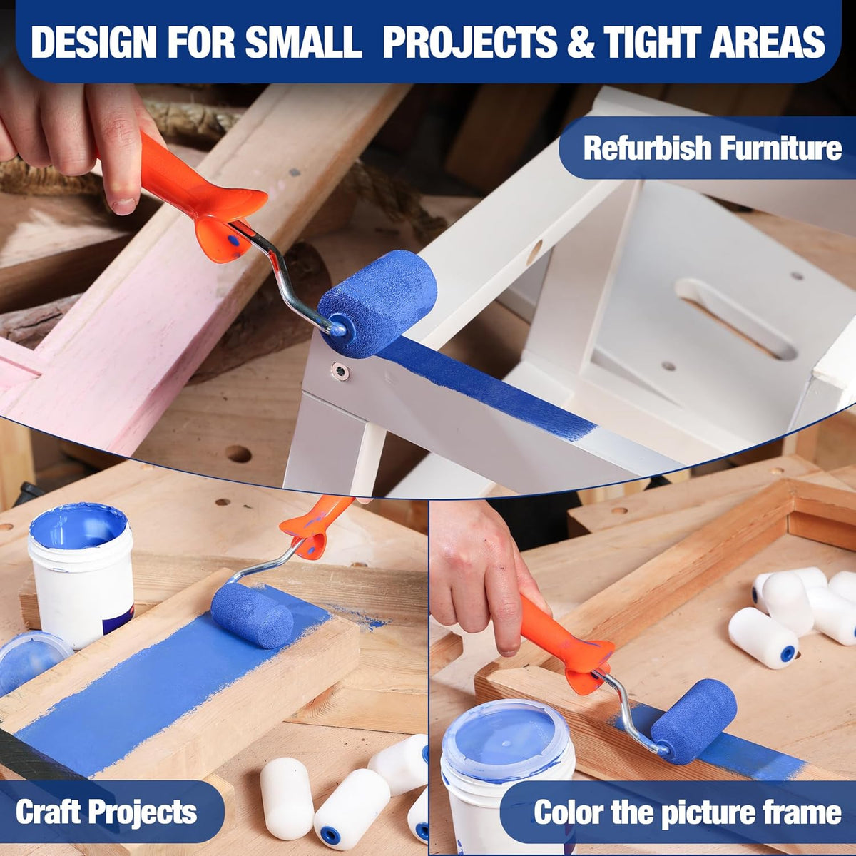 Mini foam paint roller set with blue handles and white roller covers for small projects.