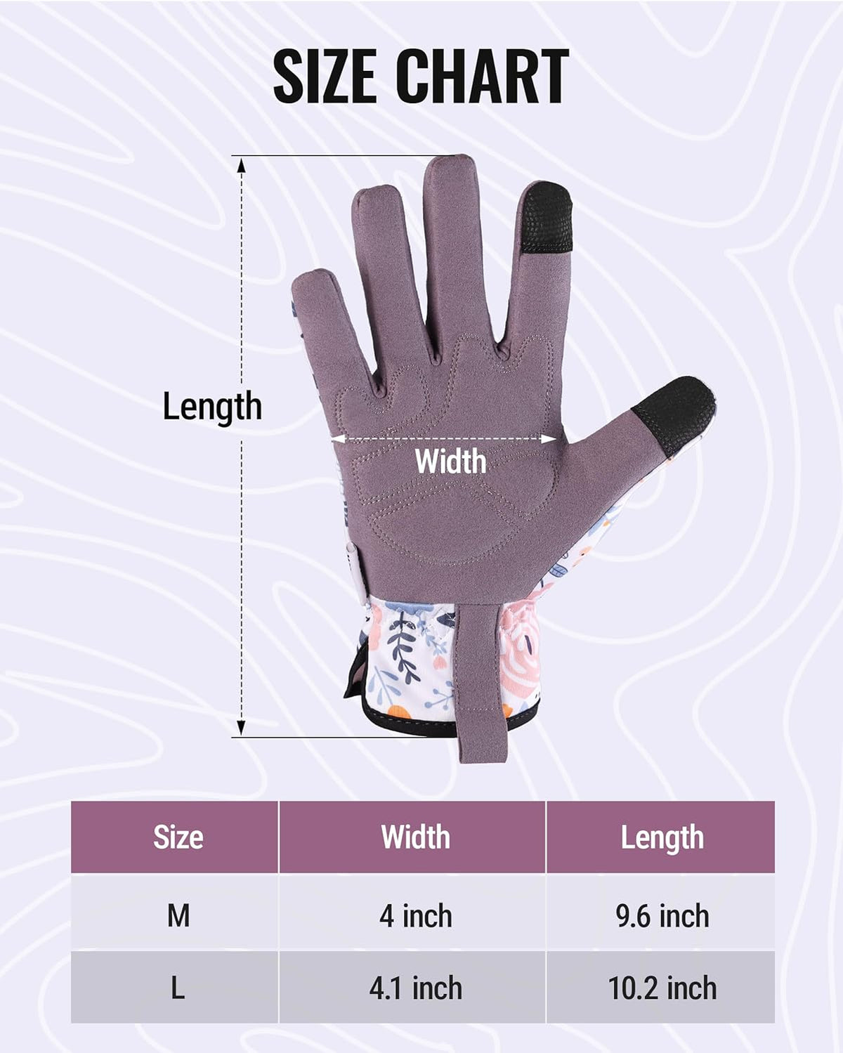 Floral garden work gloves with mauve palms and touchscreen fingertips