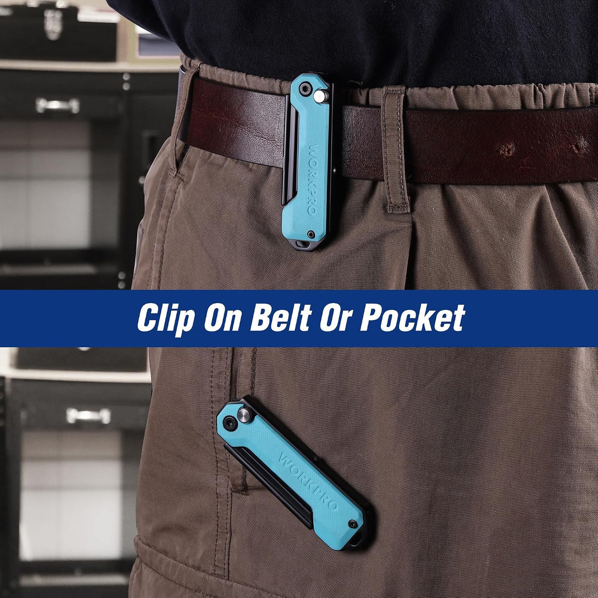 Folding utility knife clipped to a work pant belt, showing teal handle and black body.