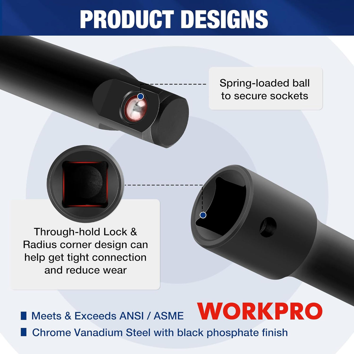 Socket extension bar with spring-loaded ball locking tip and through-hole lock design