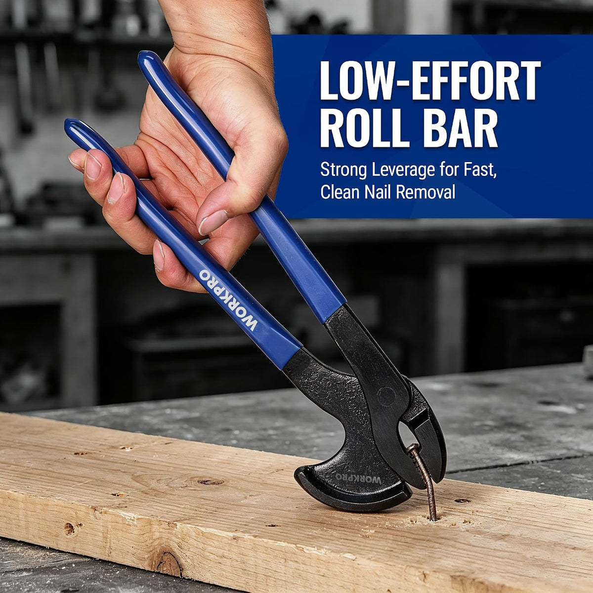 Workpro 11 inch high leverage nail puller pliers with blue handles and a curved head acting as a fulcrum