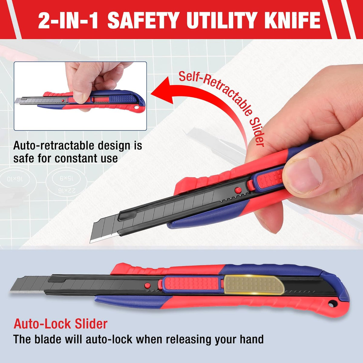 Retractable safety utility knife with red and blue handle, black blade extended