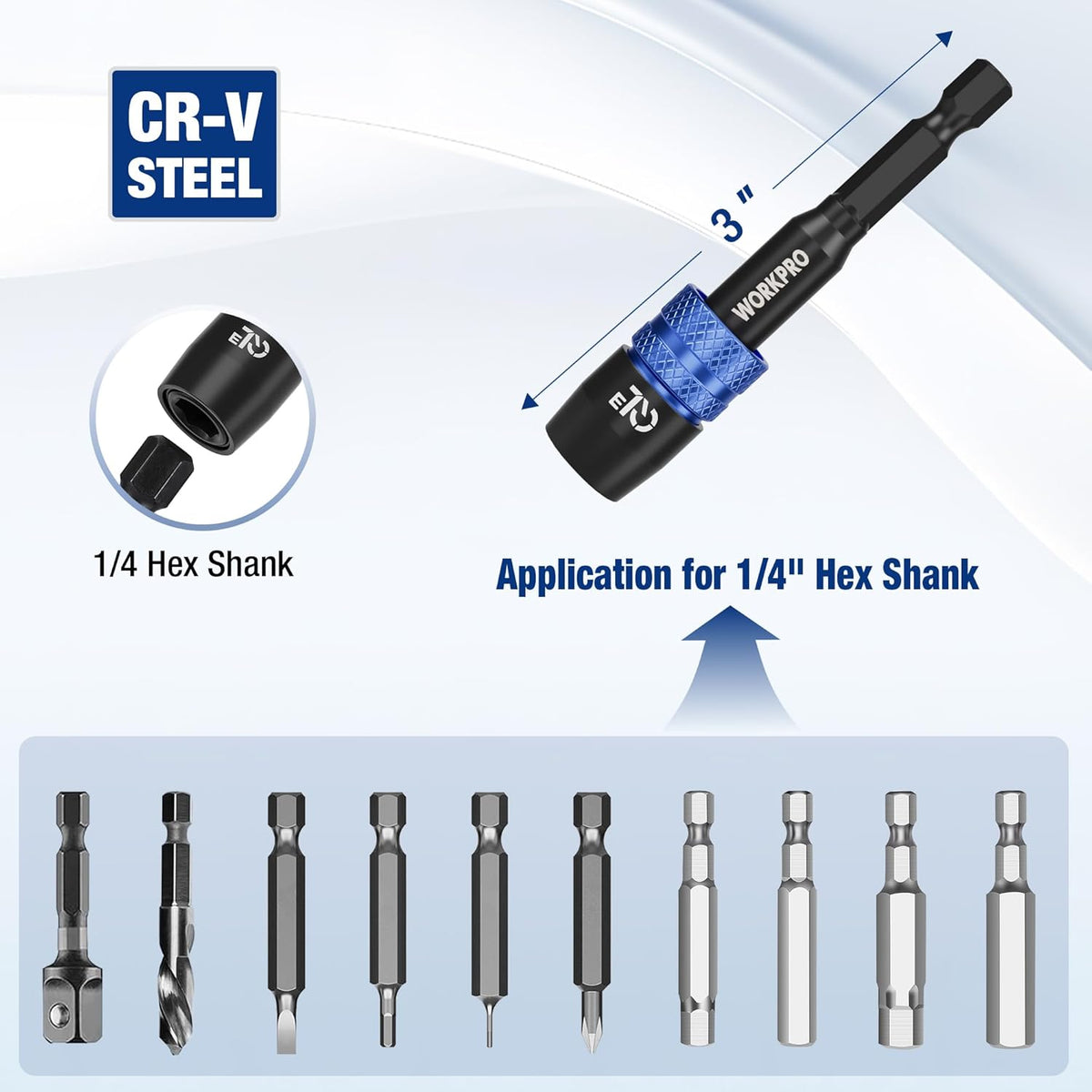 3-inch black hex shank drill extension adapter with blue knurled locking sleeve