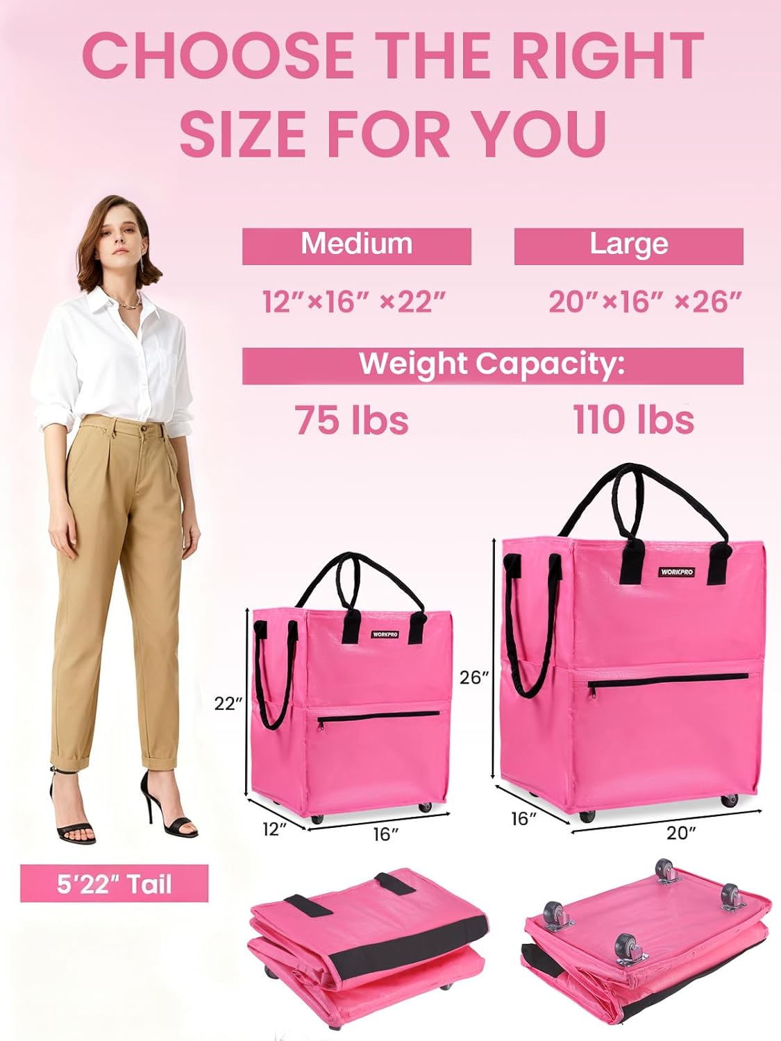 Pink large rolling grocery tote bag with 5 wheels, wide zipper, and front storage pocket