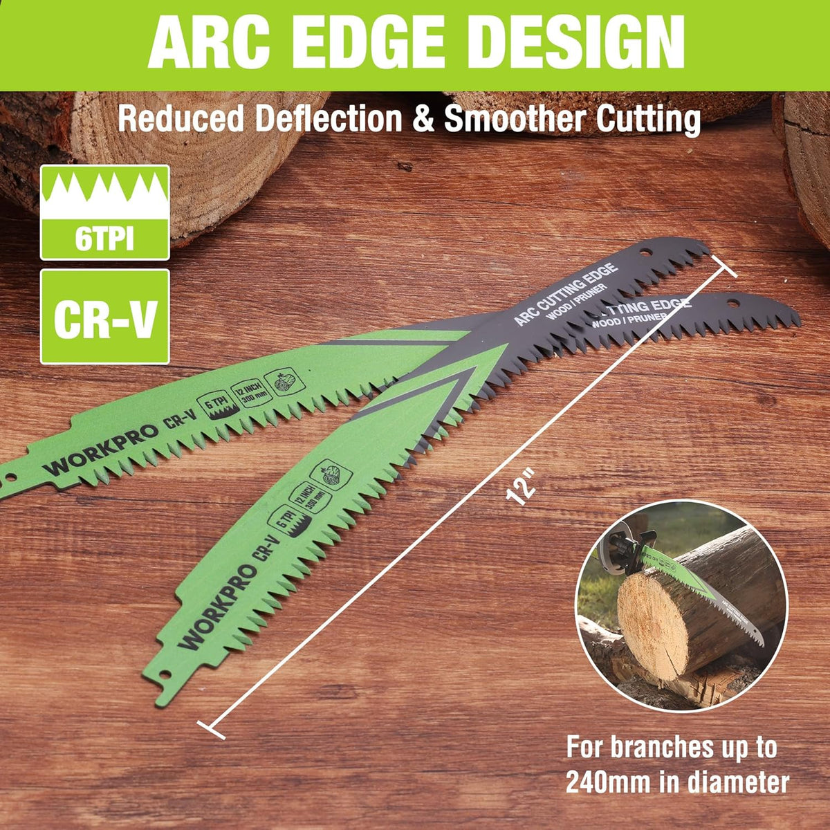 WORKPRO 12 in 6TPI reciprocating saw blade with arc cutting edge, CR-V steel