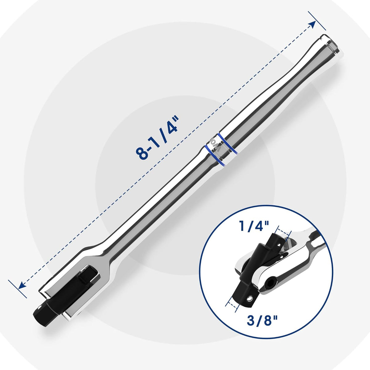Chrome breaker bar with black dual-drive head for 3/8 in and 1/4 in sockets, 8 in