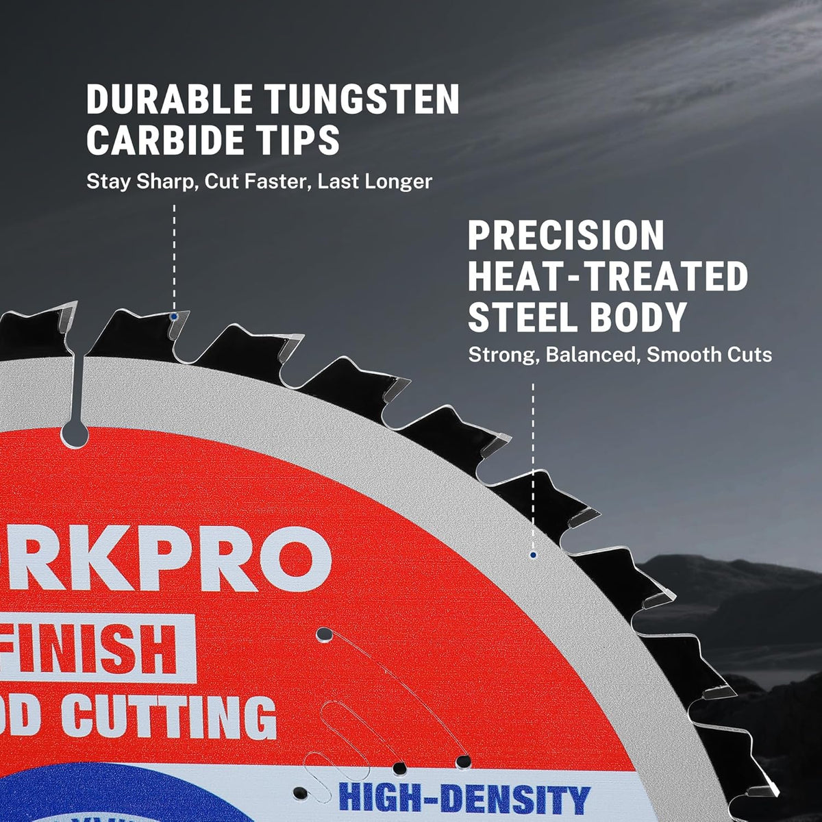 Circular saw blade close-up showing carbide tooth tips on a 10 in, 80T ultra-fine finish disc