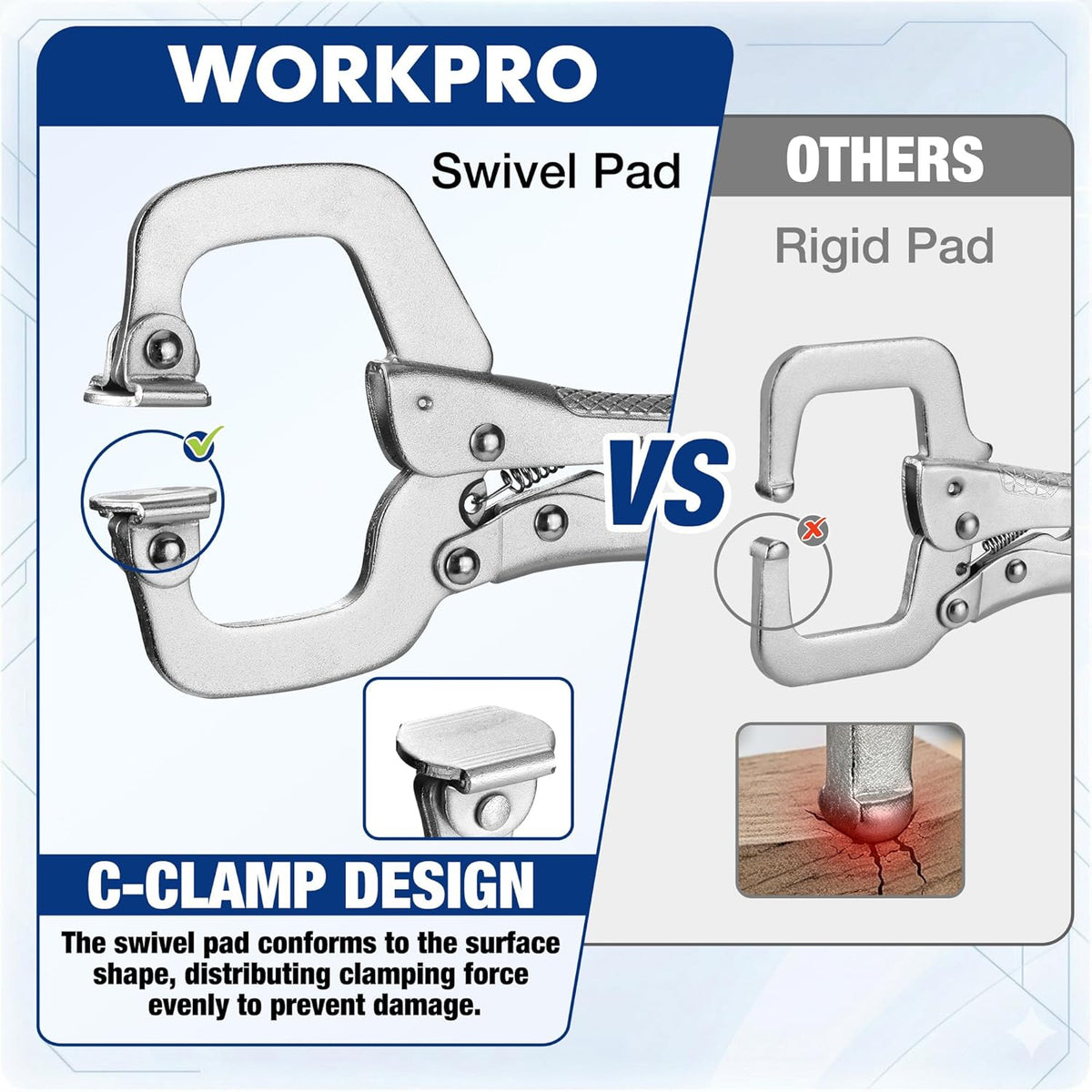 Swivel-pad C-clamp with large loop handle and adjustable screw, chrome-silver design