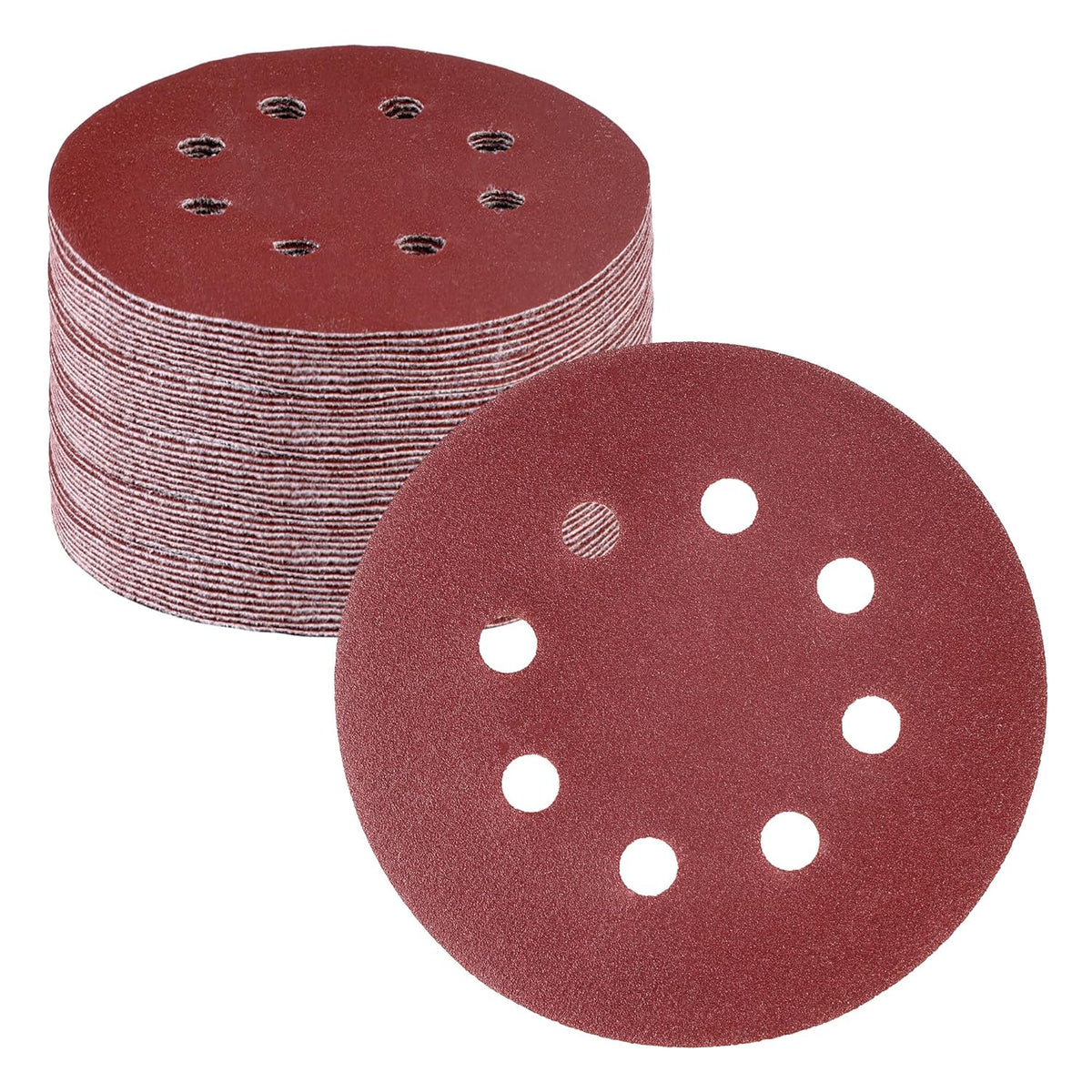 Red 8-hole sanding discs, stacked and loose, for random orbital sanders