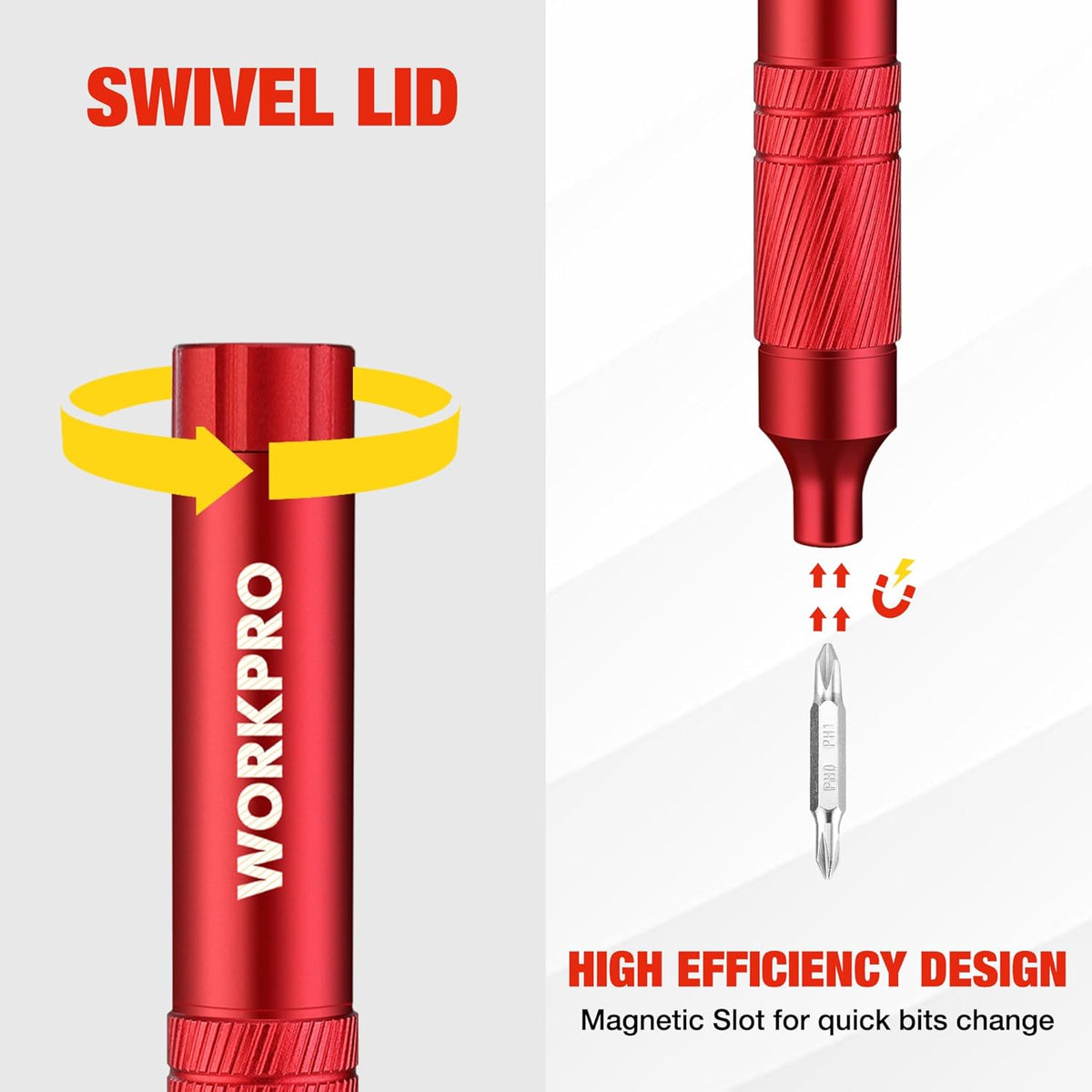Red mini screwdriver with swivel end cap and magnetic bit storage slot tip