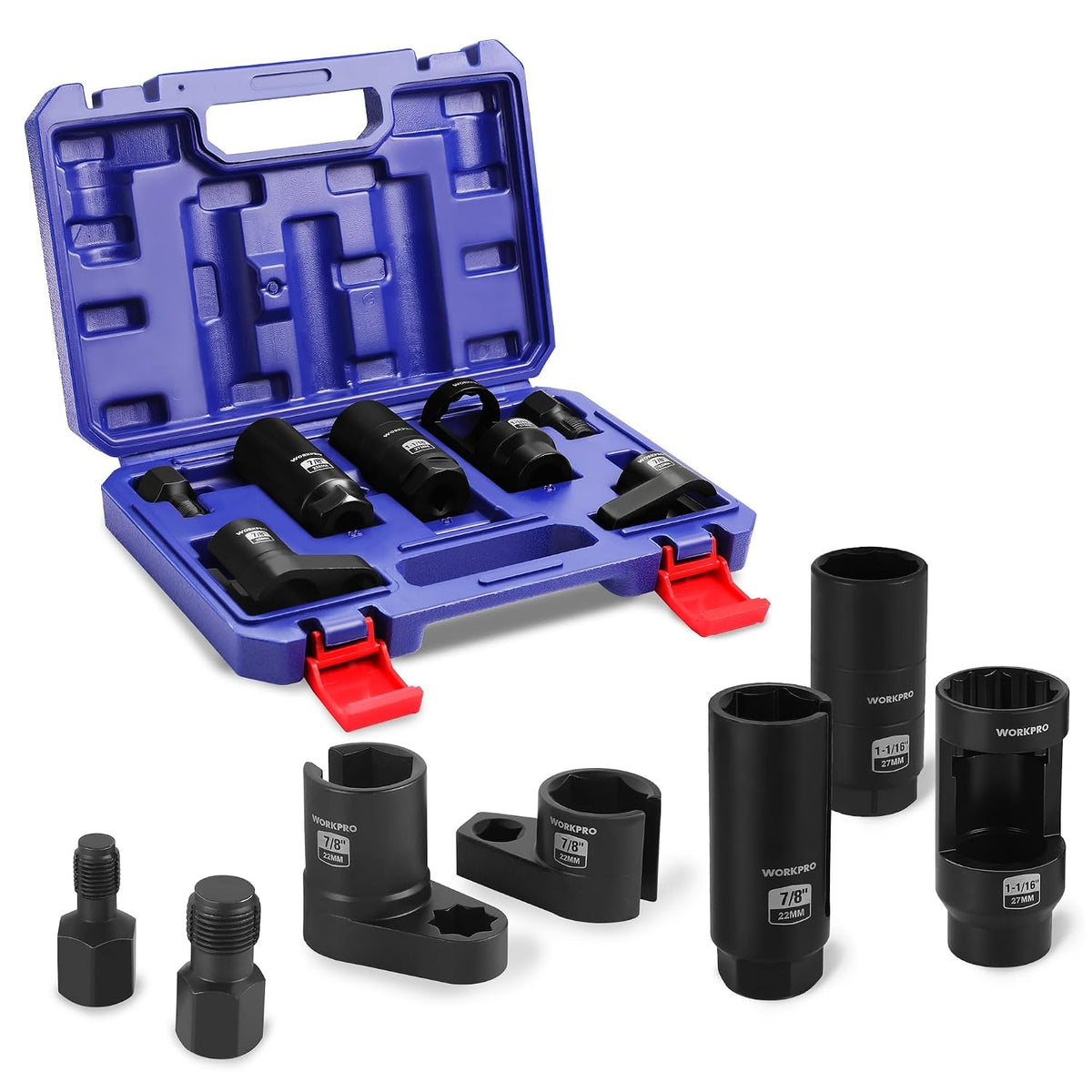 WORKPRO O2 oxygen sensor socket set with sockets and thread chaser in blue case