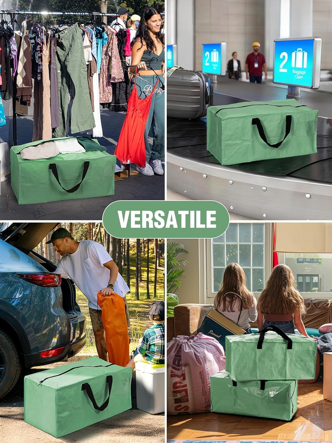 Green versatile storage tote with black handles, used for packing and transporting