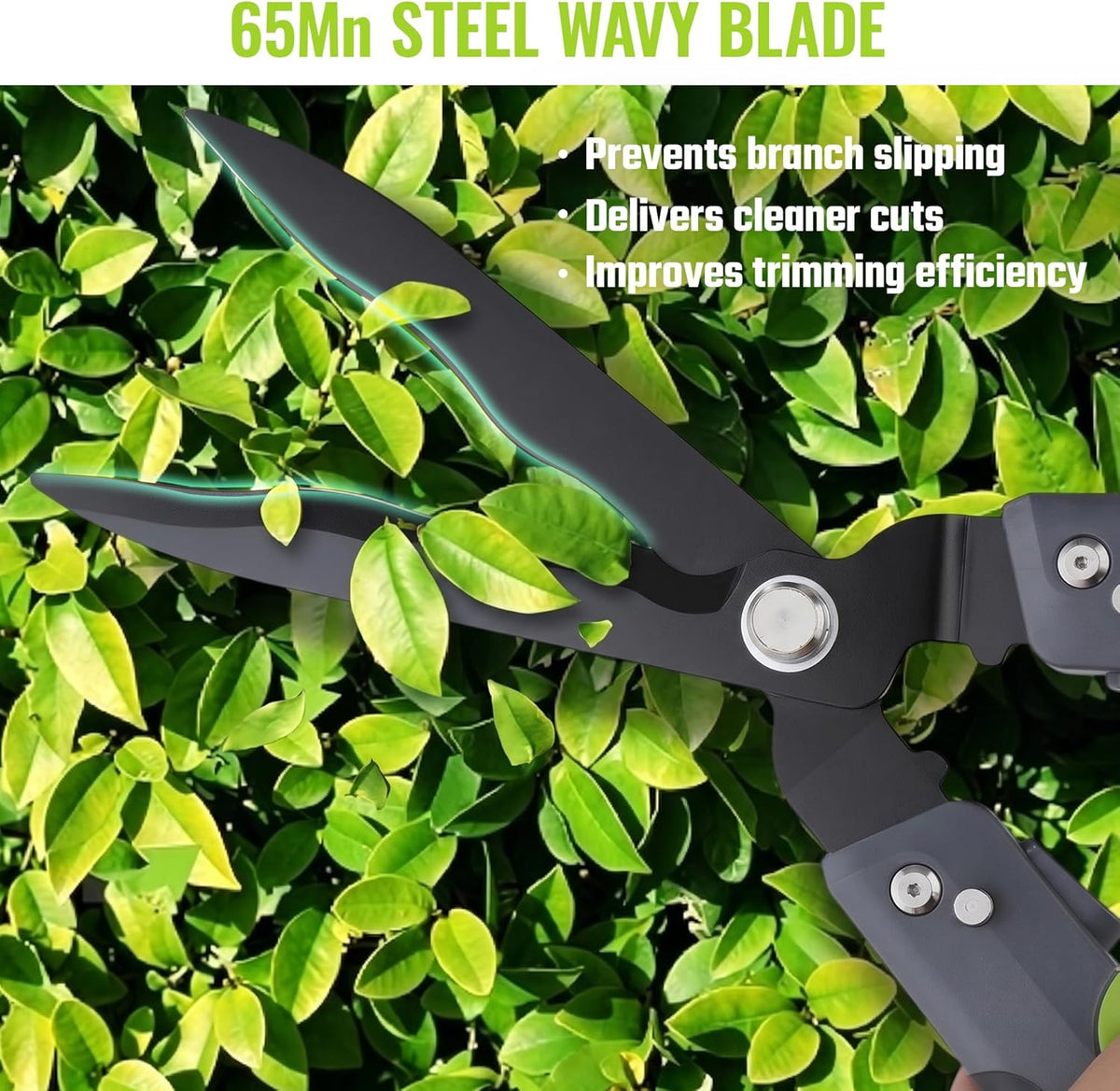 Hedge shears cutting through dense green leaves with black wavy blade