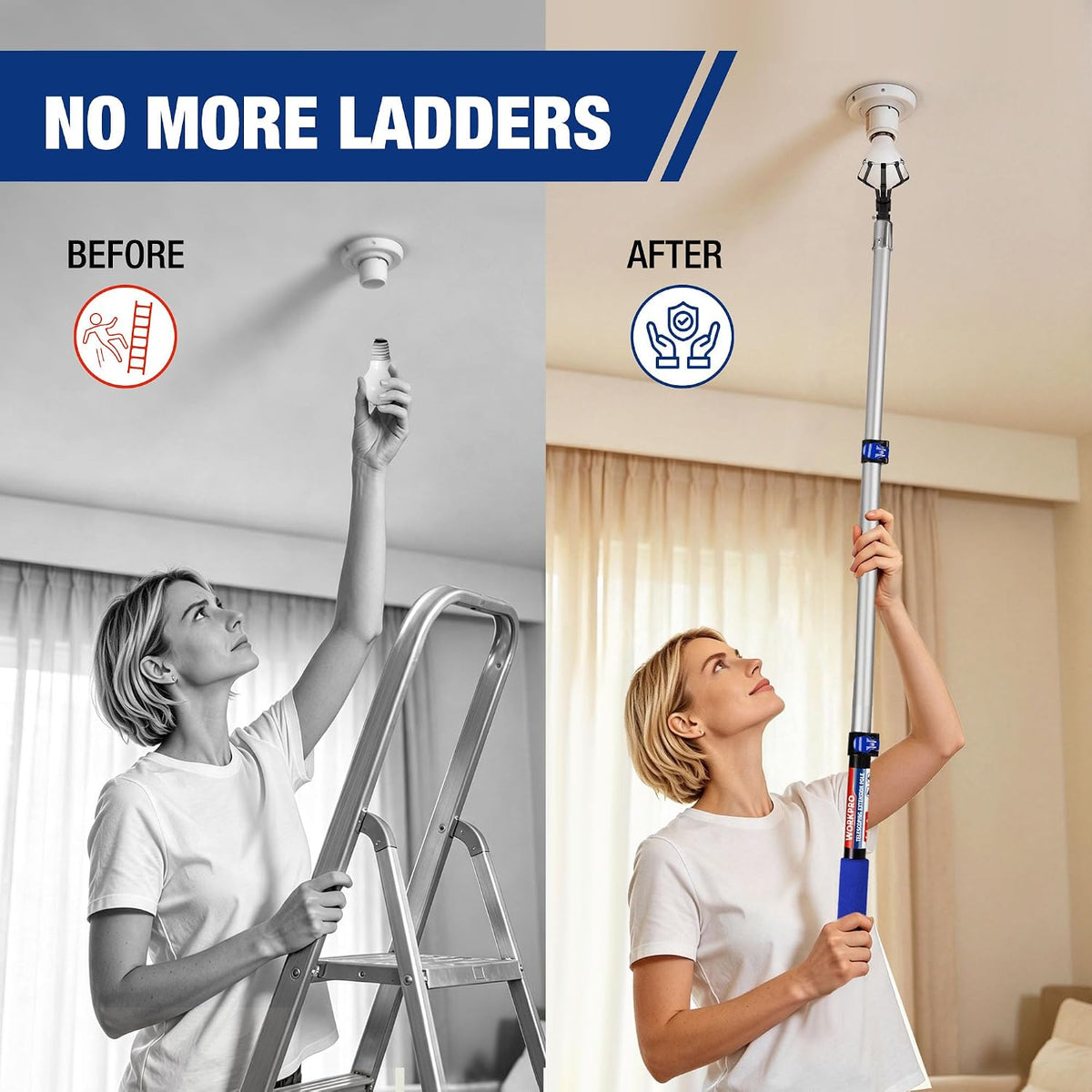 Workpro 3 ft paint roller extension pole in silver and blue, for reaching ceilings, fans, windows, and high shelves