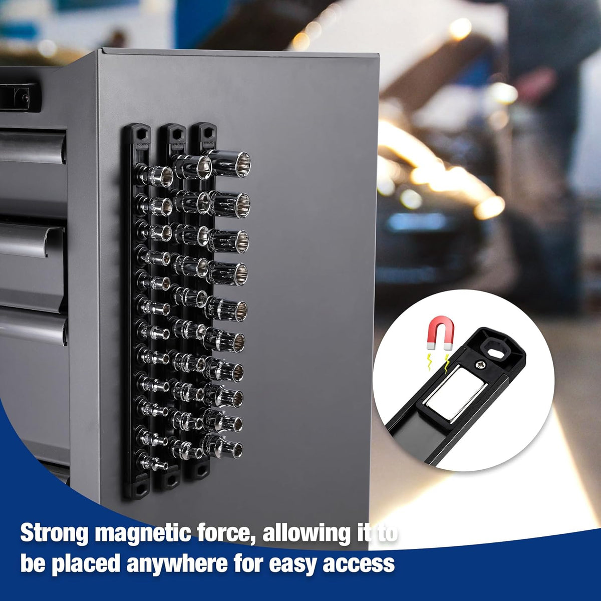 Black magnetic socket rail mounted on metal tool panel with sockets held in clips