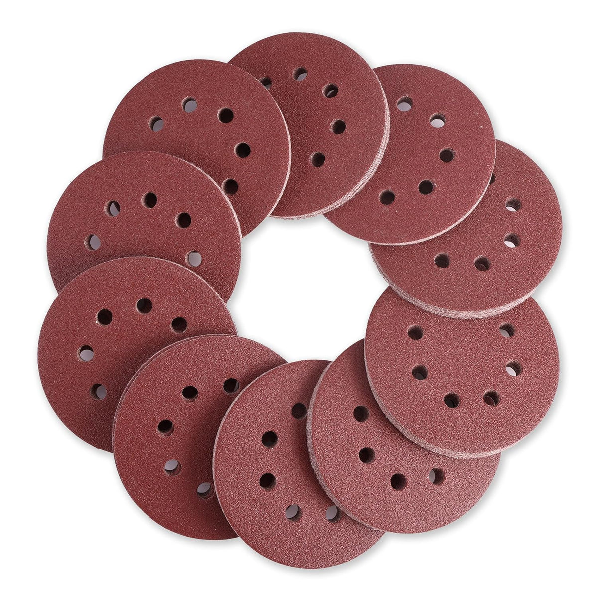 Red/brown 5-inch sanding discs with 8 holes, shown in a circular pile