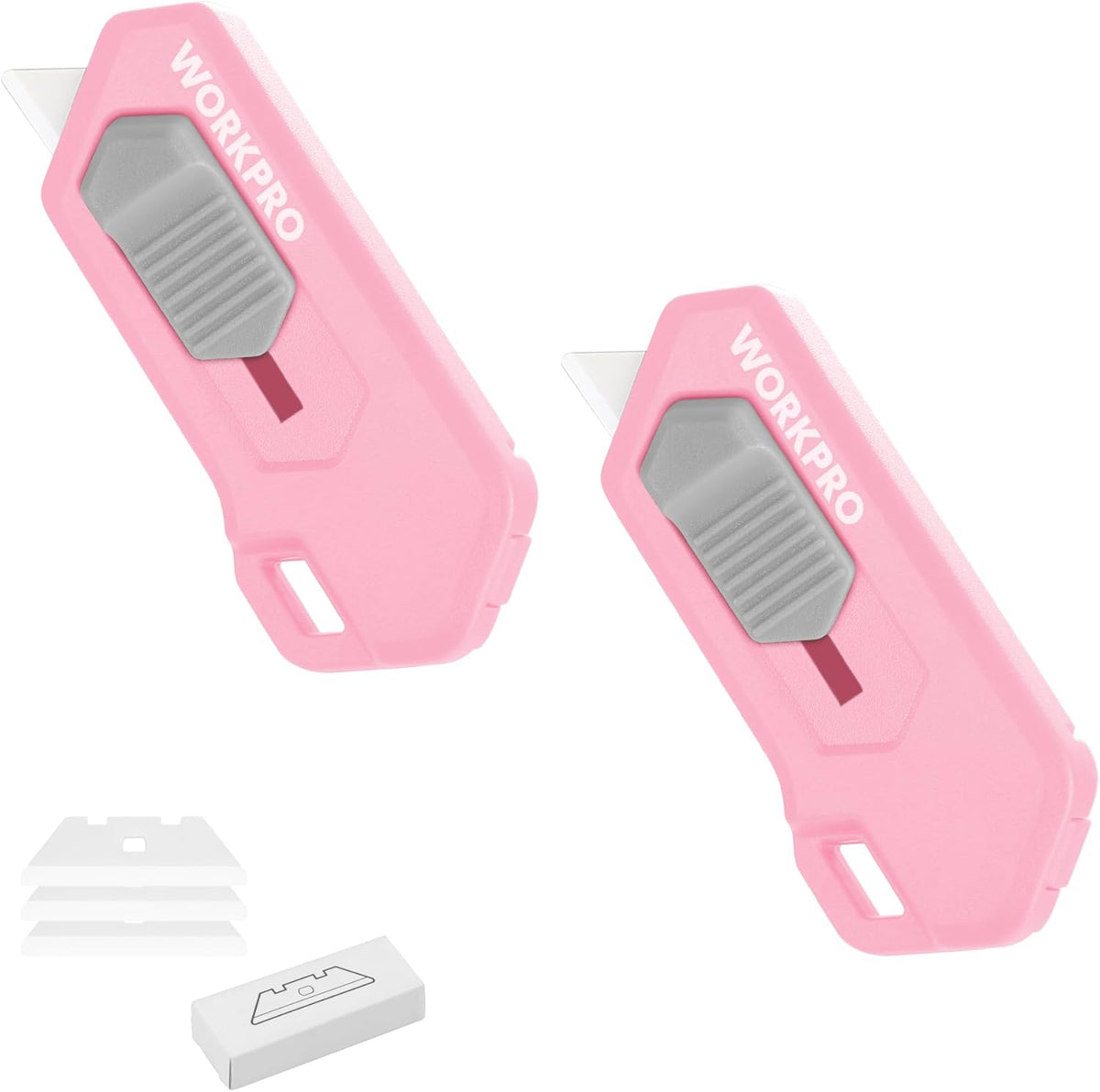 Two pink safety box cutters with gray blade covers and corner slot