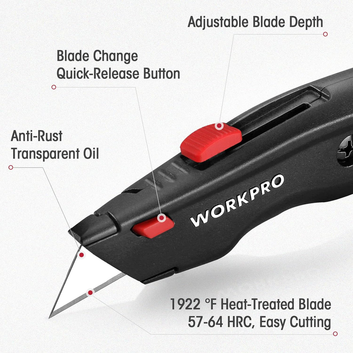 Retractable utility knife with black all-metal body and red quick-release slider