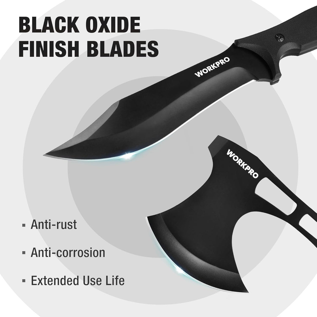 Black oxide finish fixed blade knife and hatchet axe with pointed edges