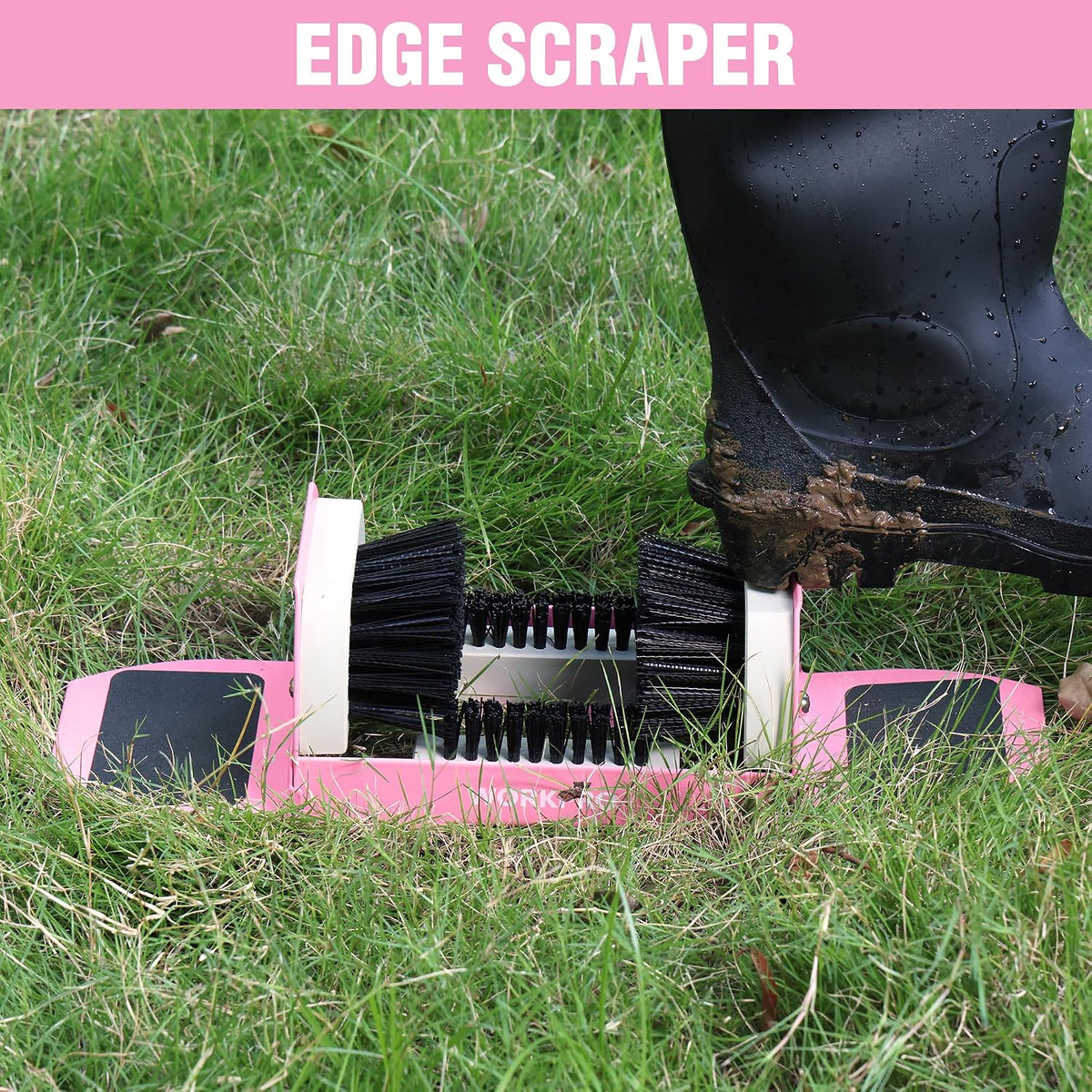 Workpro heavy duty boot cleaner in pink with four-sided flexible bristles and a welded metal frame for removing mud.