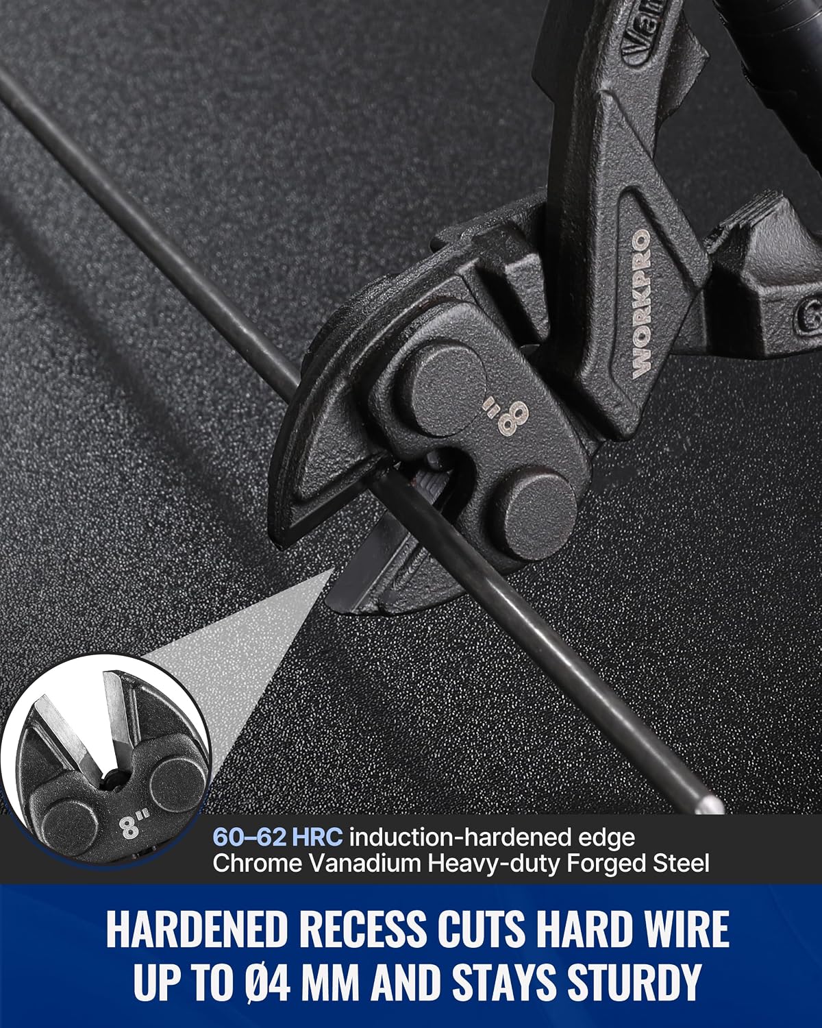 Workpro 8 inch mini bolt cutter in black with a high-hardness cutter head for cutting bolts and metal
