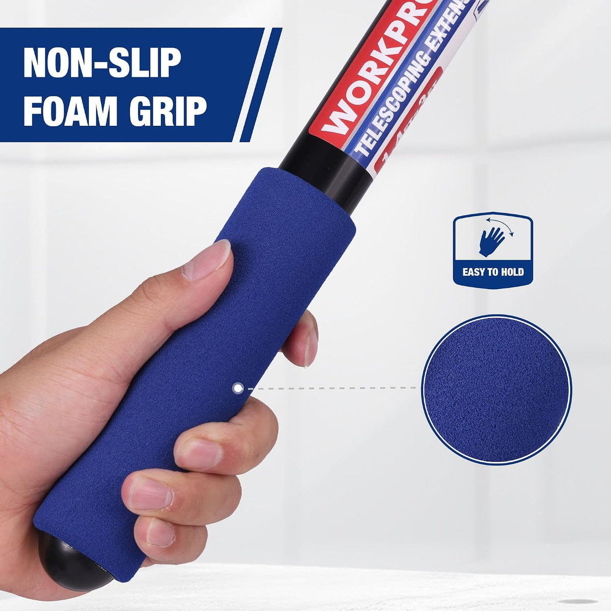 Workpro 3 ft paint roller pole with blue non-slip foam grip, shown in hand for controlled handling.