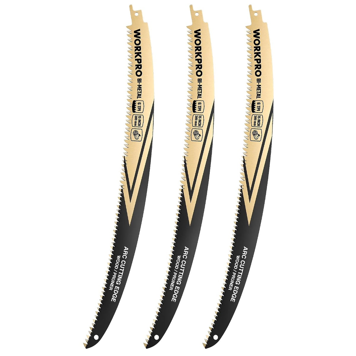 Workpro 15 inch Arc Edge bi-metal reciprocating saw blades, 3-pack in black and gold with M42 high-speed steel teeth