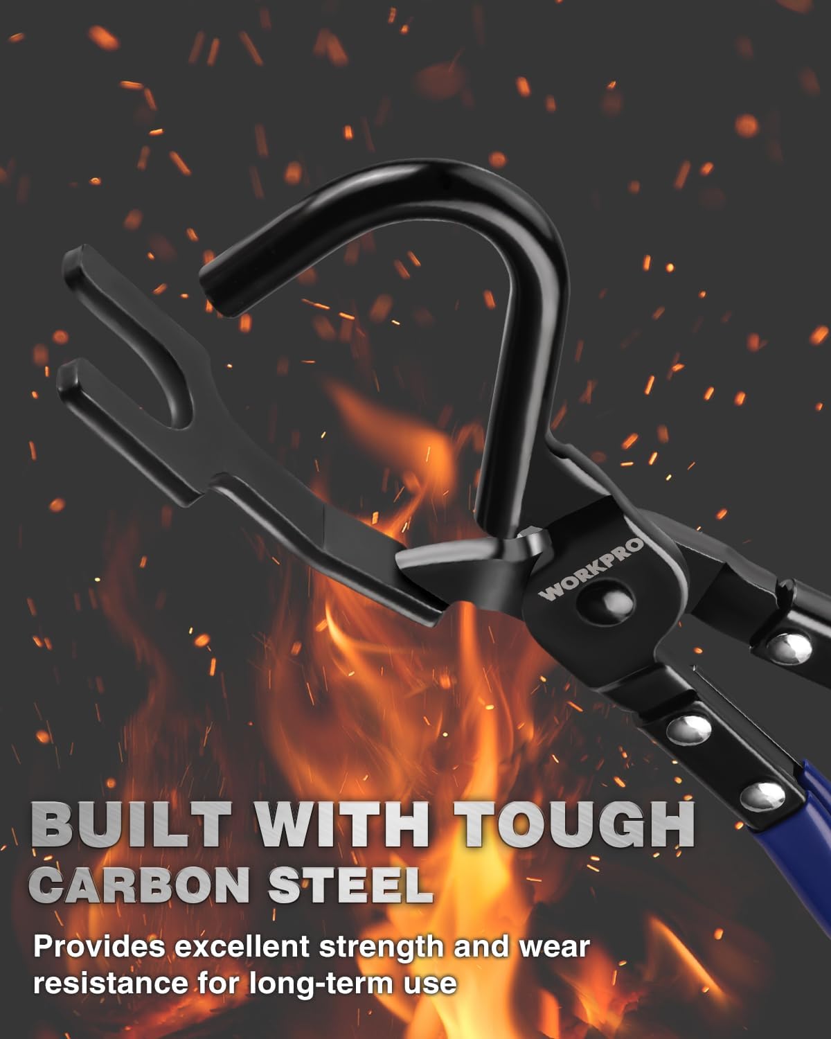 Exhaust hanger removal pliers with black U hook and blue handle, for rubber hangers