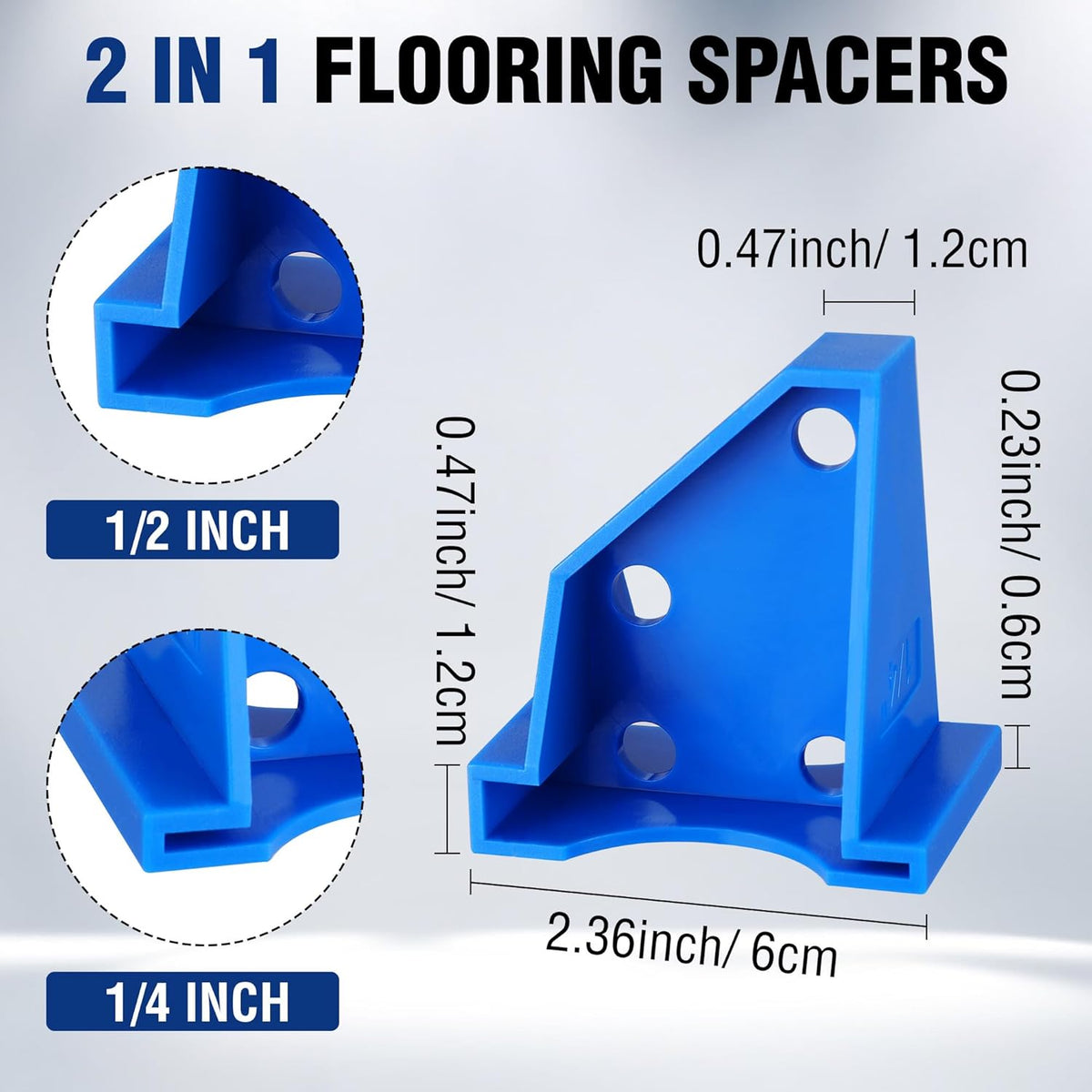 Blue 2-in-1 triangular flooring spacers with expansion gap supports for 1/2 in and 1/4 in.