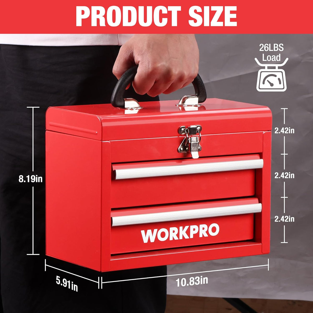 Red portable metal mini tool chest with two drawers and locking top latch