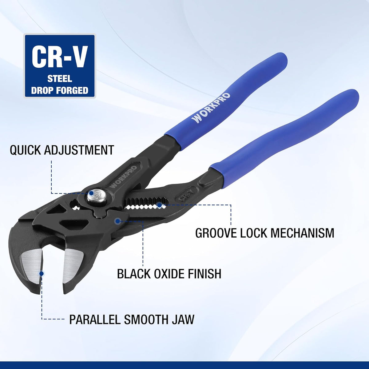 Blue-handled CR-V plier wrench with black oxide finish, smooth parallel jaws