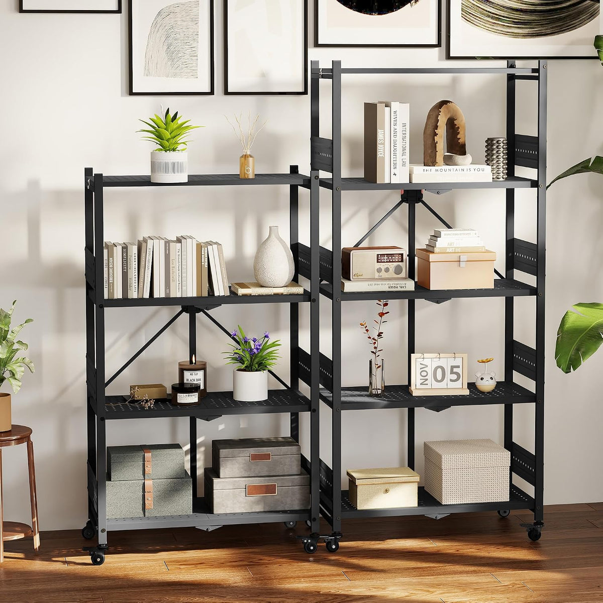 Black metal 5-tier rolling shelving unit with four shelves and open frame
