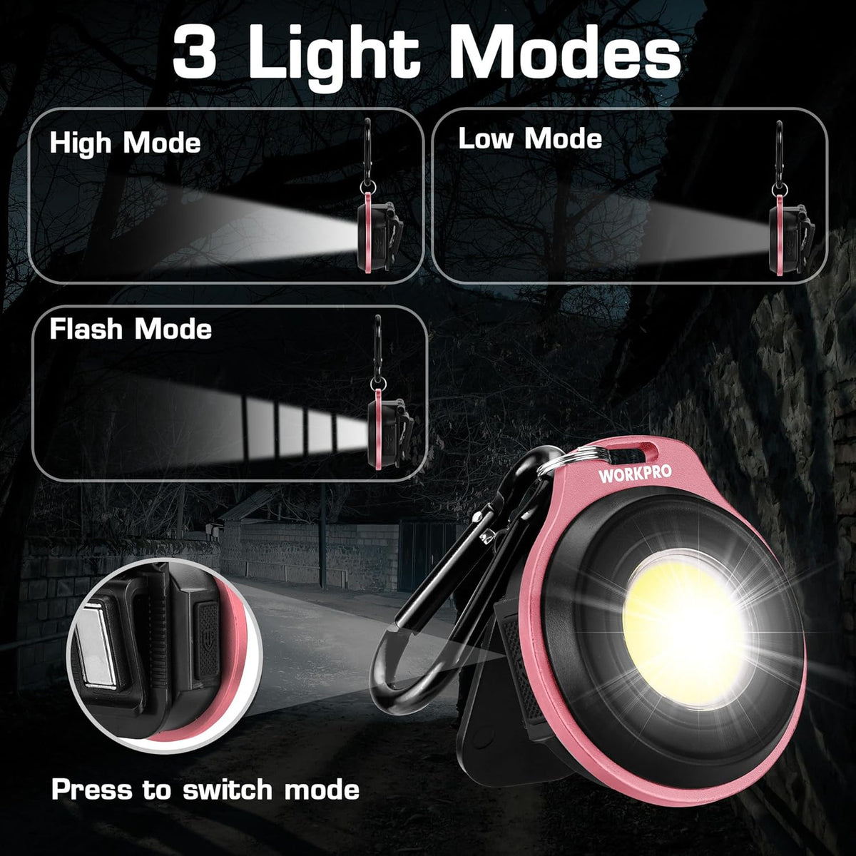 Pink and black keychain flashlight with hanging carabiner, compact round LED head