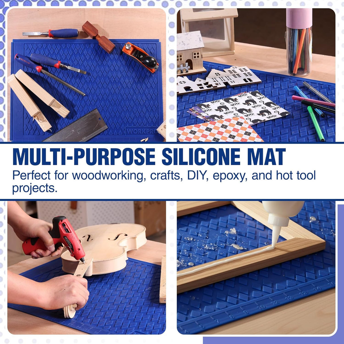 Blue silicone mat for multi-purpose work on bench; textured non-slip surface