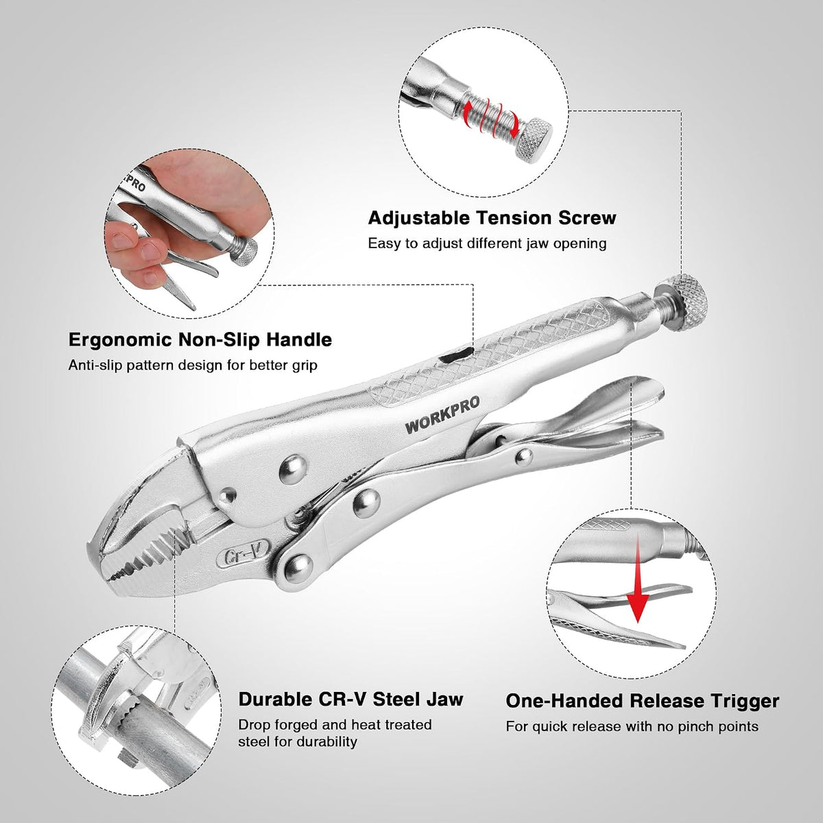 Workpro locking pliers, 7 inch curved jaw with a one-handed release trigger and durable silver finish
