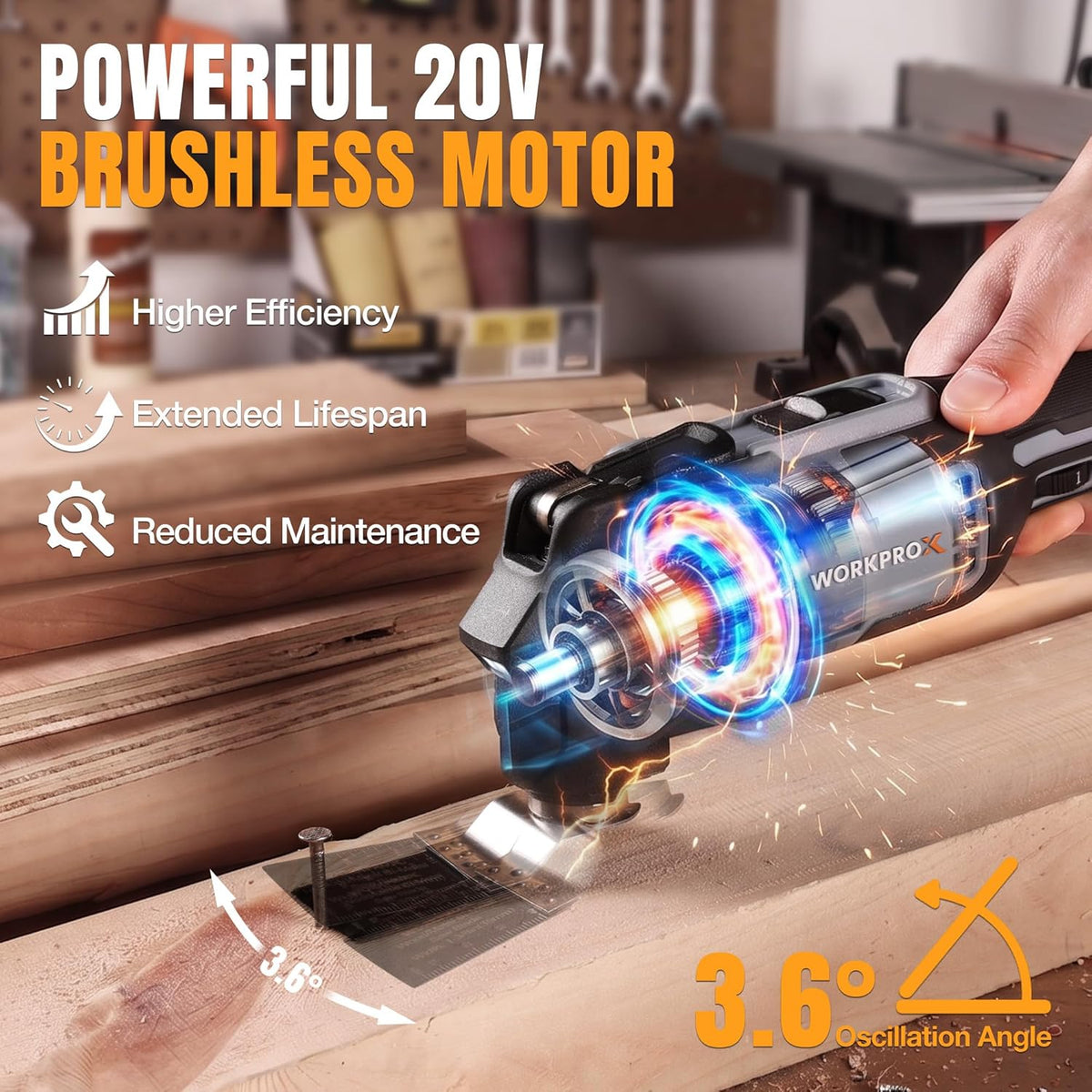 Cordless oscillating multi-tool with oscillating head cutting on wood surface