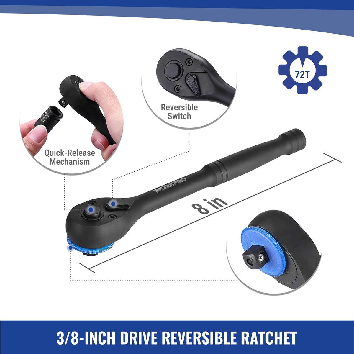 3/8 in drive reversible ratchet with quick-release and blue adjustment dial