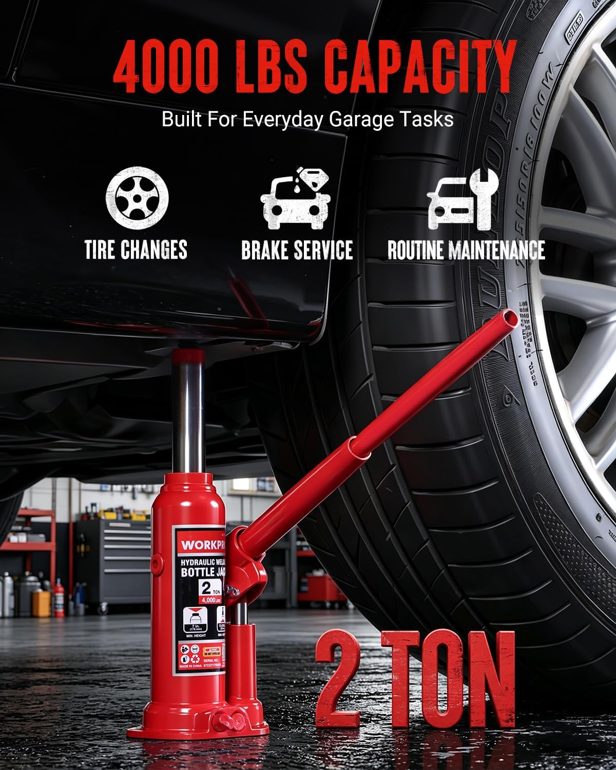 Workpro 2 ton bottle jack in red with welded steel construction for garage vehicle maintenance.