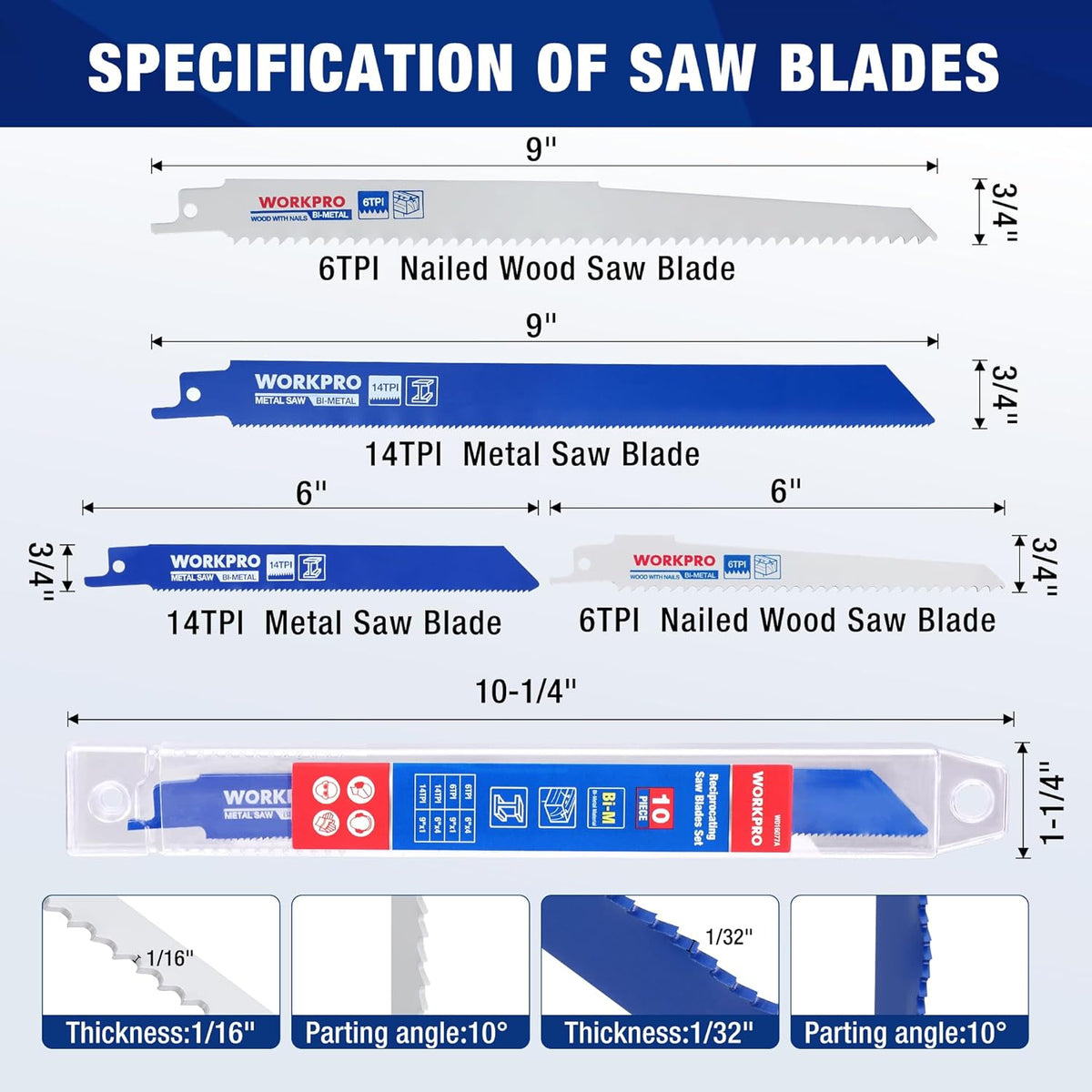 Specification diagram for WORKPRO reciprocating saw blade sizes and thicknesses