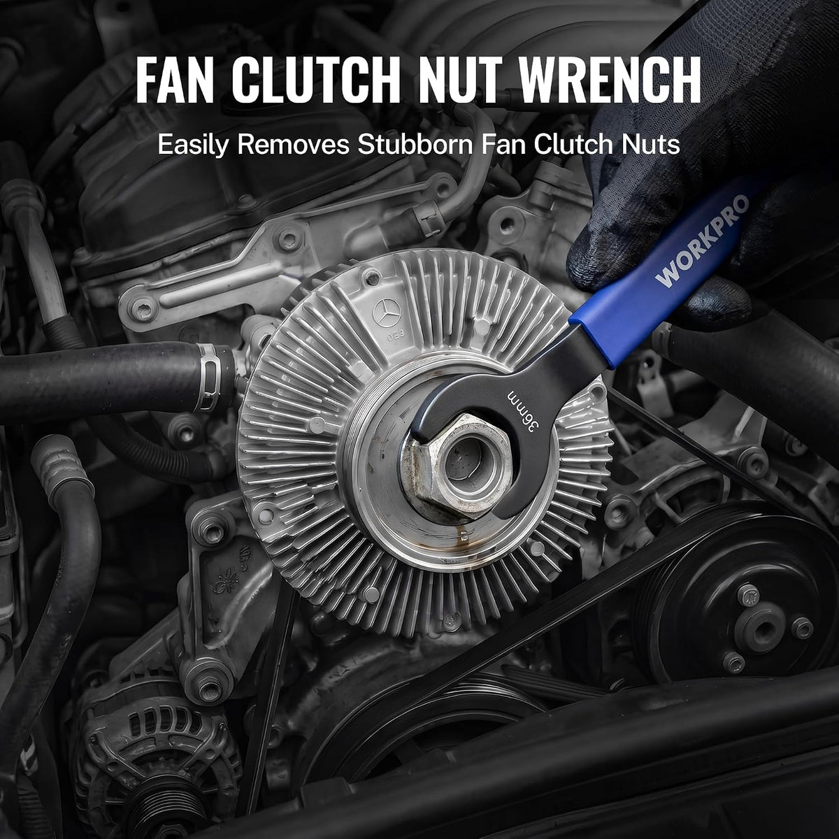 Fan clutch nut wrench with blue handle and black end, displayed on engine