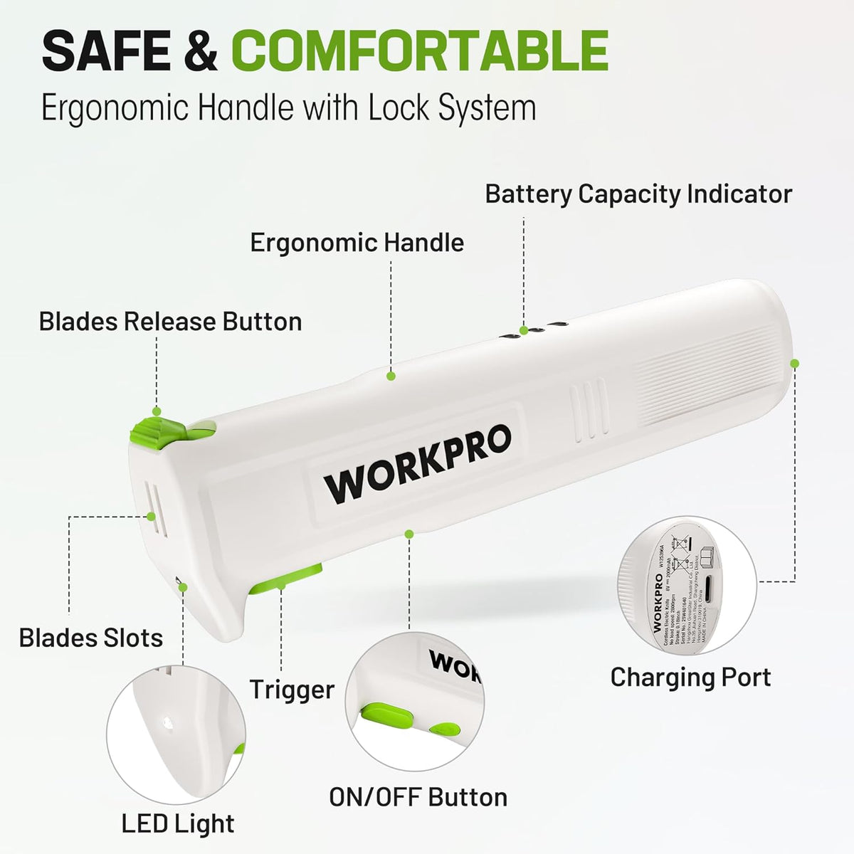 White cordless electric carving knife with ergonomic handle, trigger, LED, and charging port