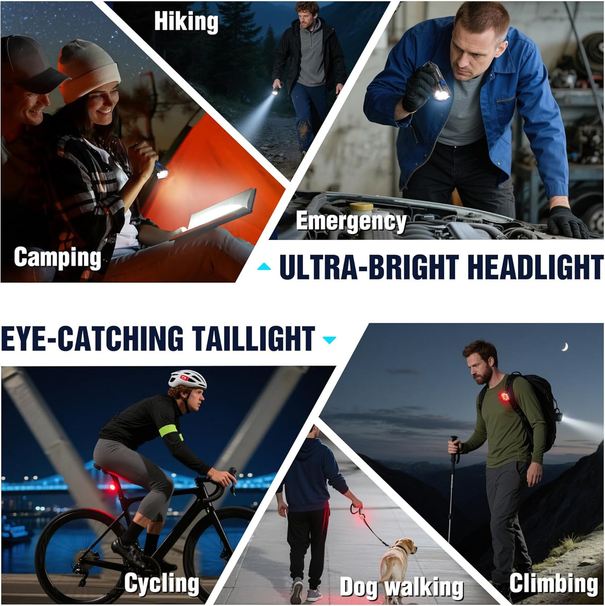 Ultra-bright dual bike lights with front white headlight and red eye-catching taillight