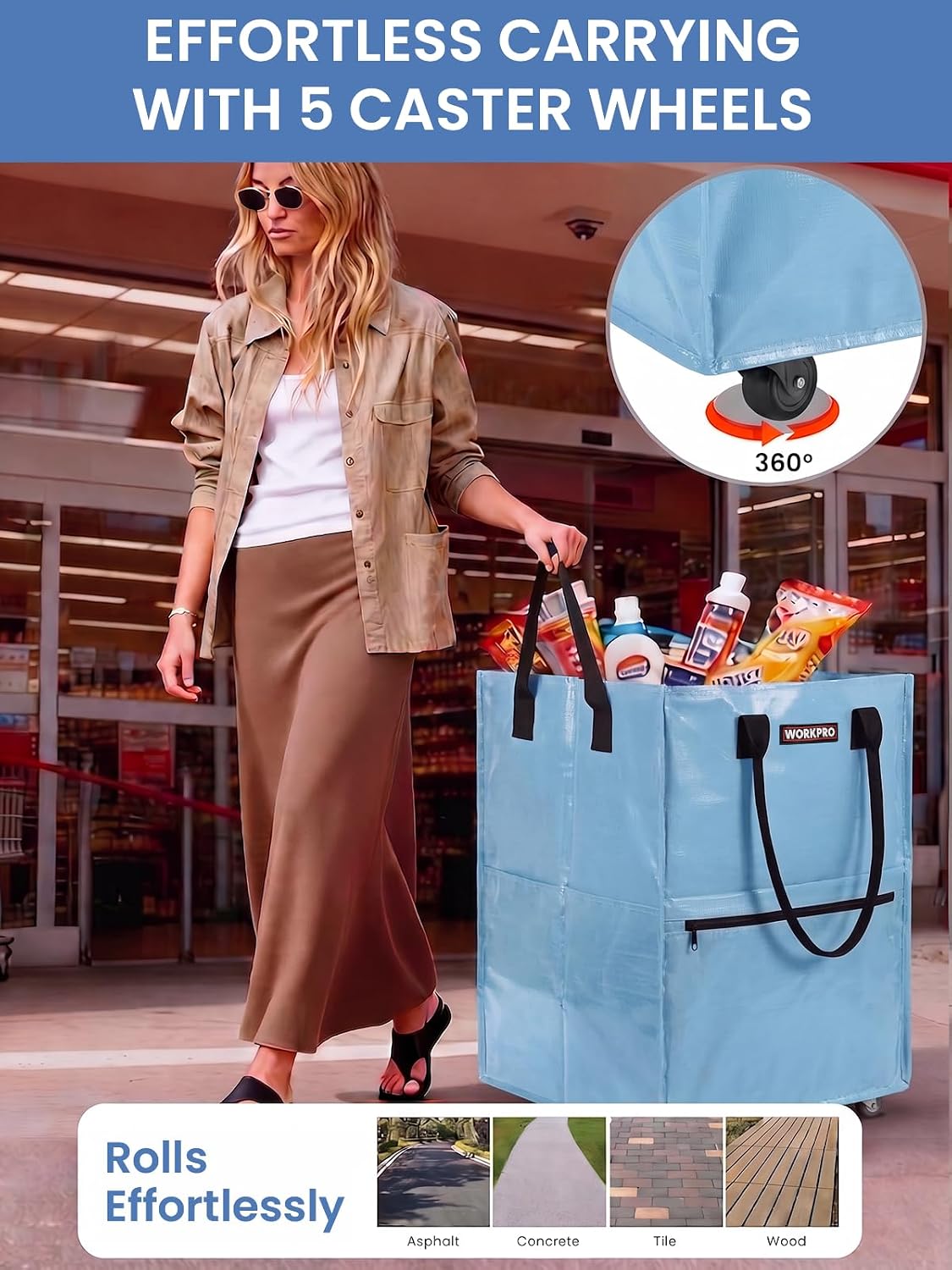 Light blue rolling grocery tote with 5 caster wheels for smooth 360-degree movement