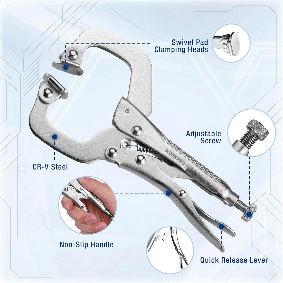 Locking C-clamp with swivel pad heads, adjustable screw, and non-slip handle