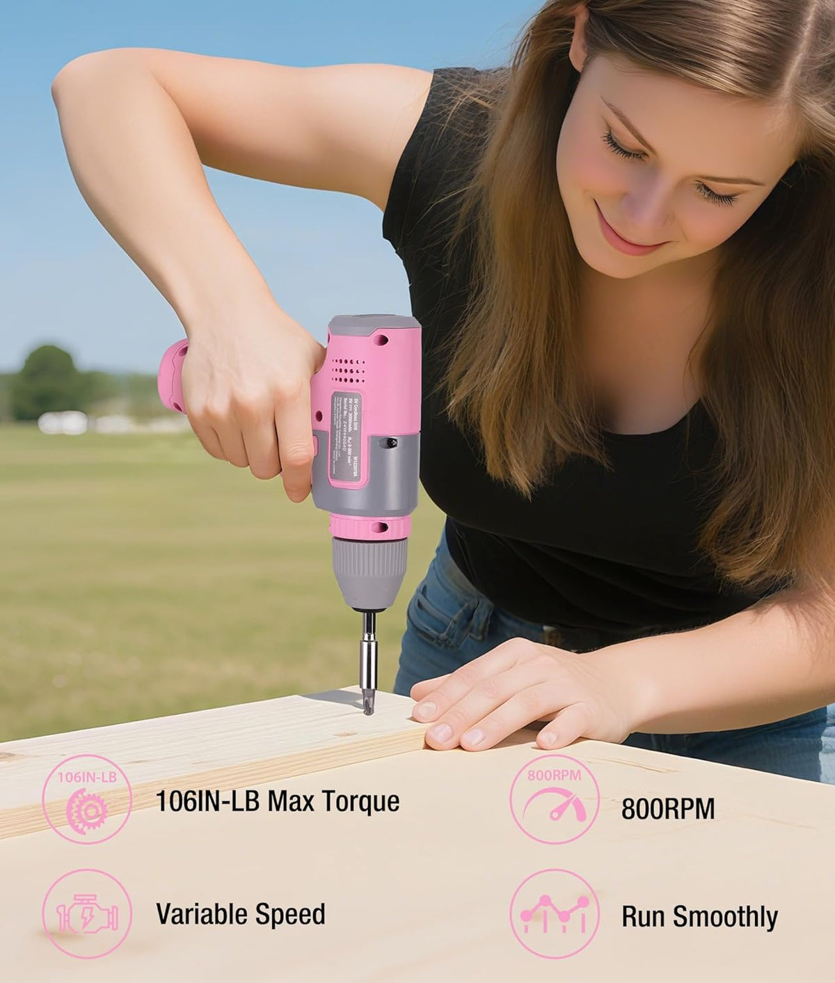 Pink cordless 8V drill driver in hand drilling with variable speed control