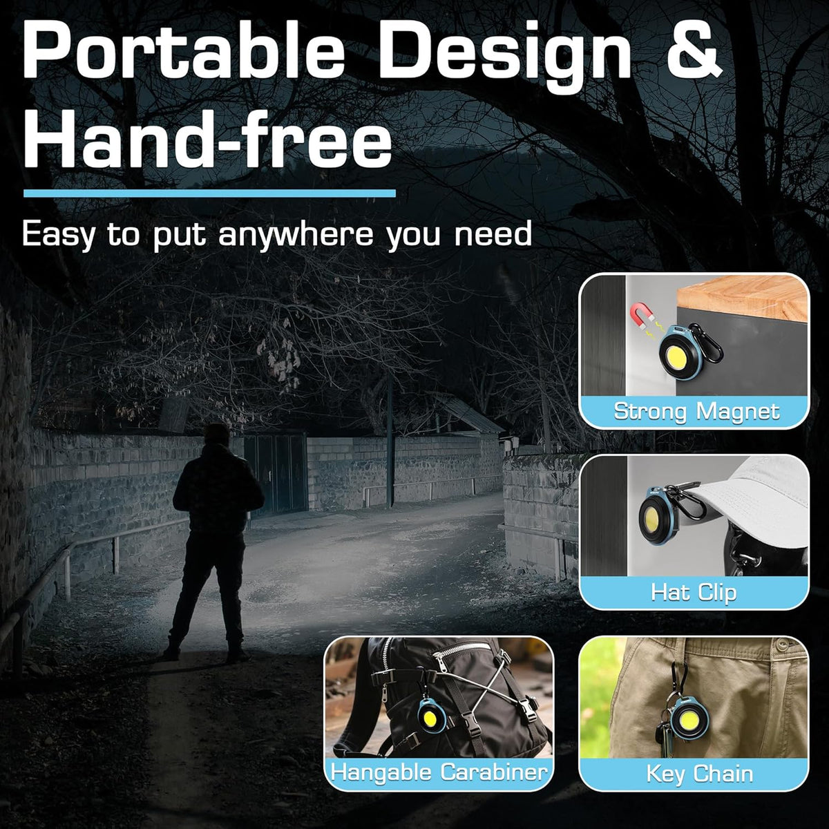 WORKPRO keychain flashlight with teal body and carabiner clip, bright yellow lens