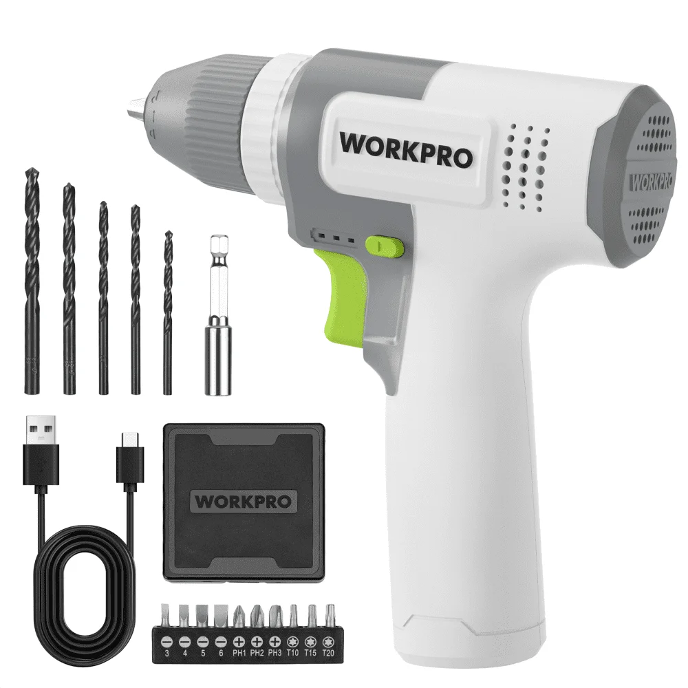 White cordless 8V drill driver with keyless chuck, green trigger, bits and Type-C cable set