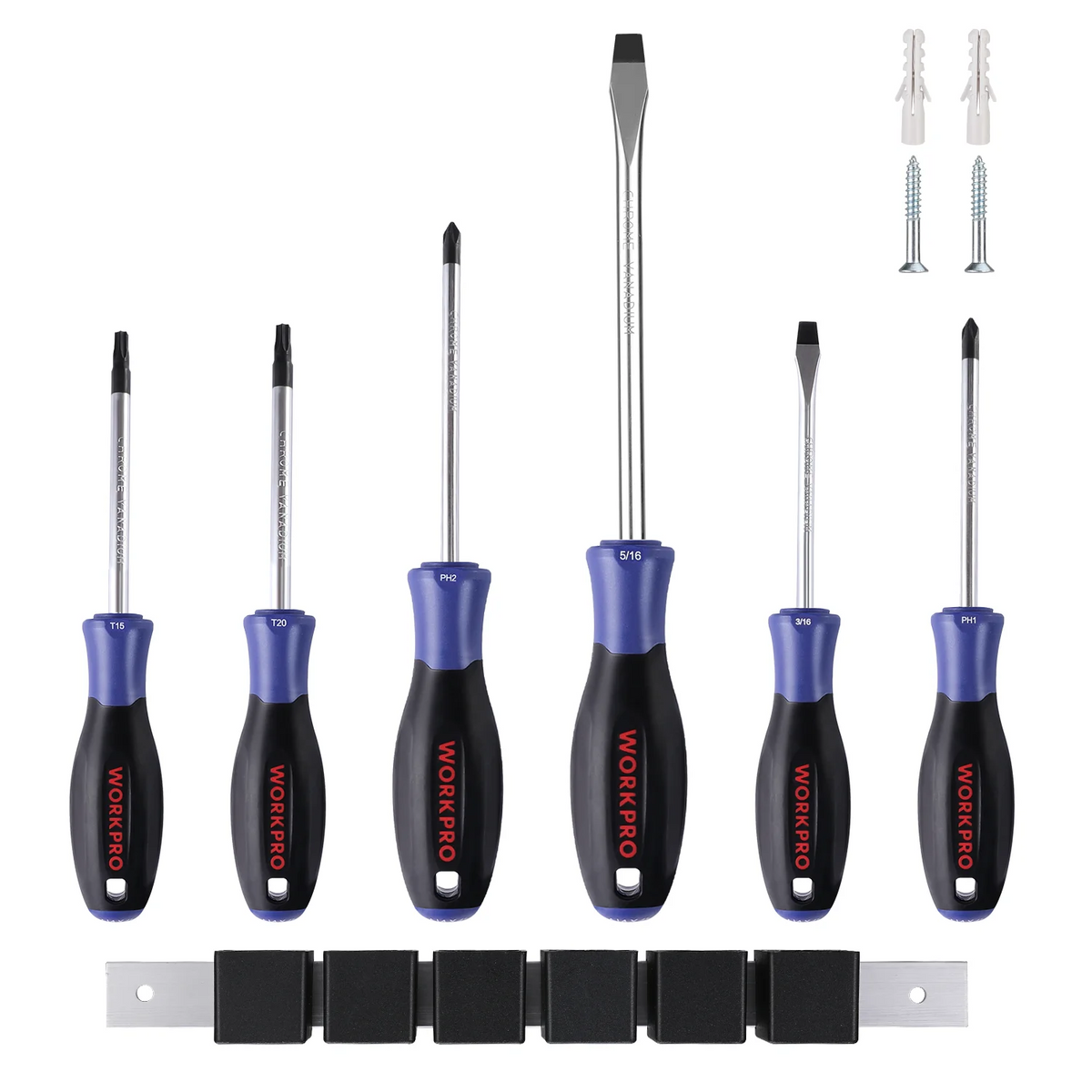 Six magnetic screwdrivers with blue/black handles mounted on an organizer rail