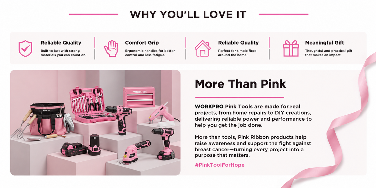 Pink Workpro tools and cases arranged on display blocks with a ribbon and text about reliable quality and meaningful gifts